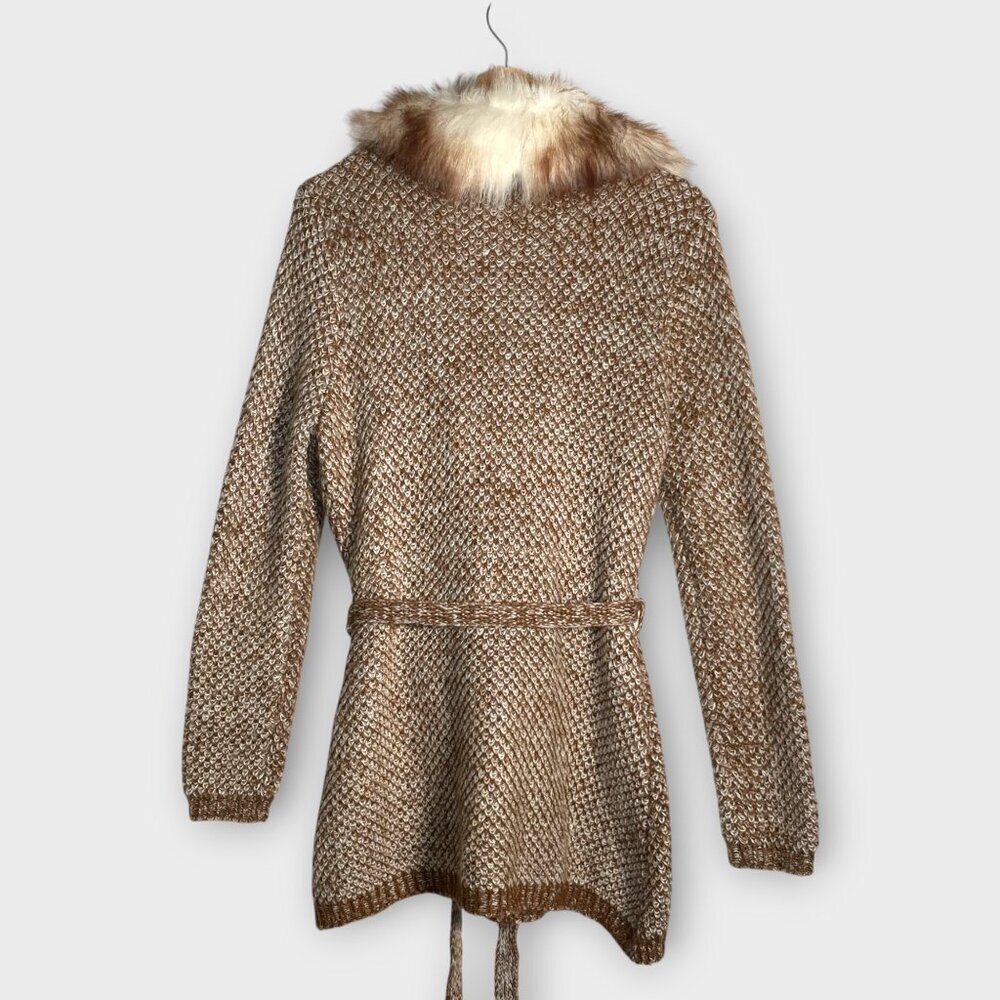 Oona & Maud Belted Cardigan XL Removable Faux Fur Trim Brown *SEE NOTES* - Picture 2 of 11